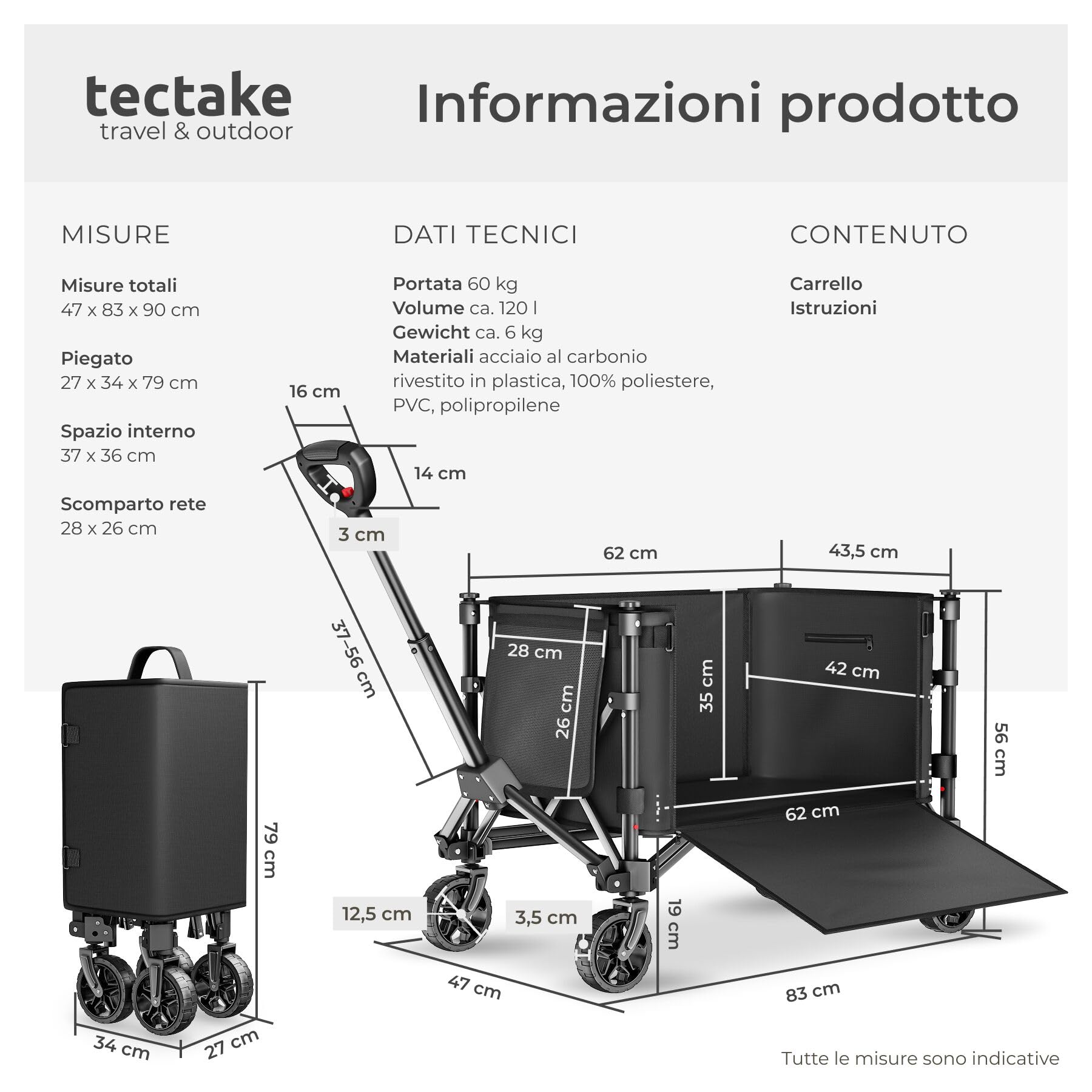 tectake®, Carrello con Ruote Portatutto a mano pieghevole, 120 L portata max 60 kg in acciaio, Carrellino con Ruote Portatutto, trolley con manico, ruote girevoli con freno, carrello spesa, campeggio