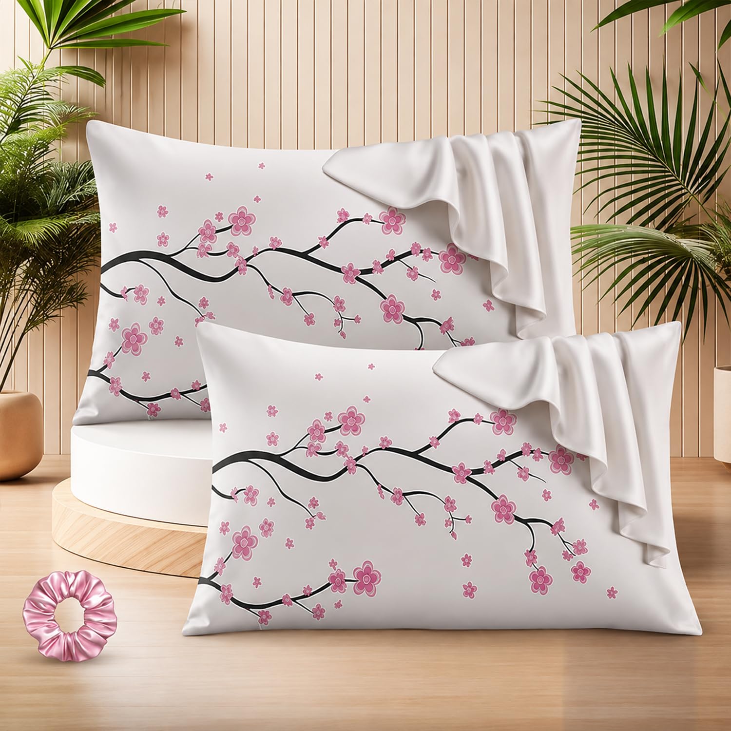 SITTELLA® 72x46 cm Set of 2 |3DSatin Silk Pillow Covers | 600 TC Soft Pillowcase for Hair & Skin | Envelope Closure | White-Flower |1 Free Scrunchie Included