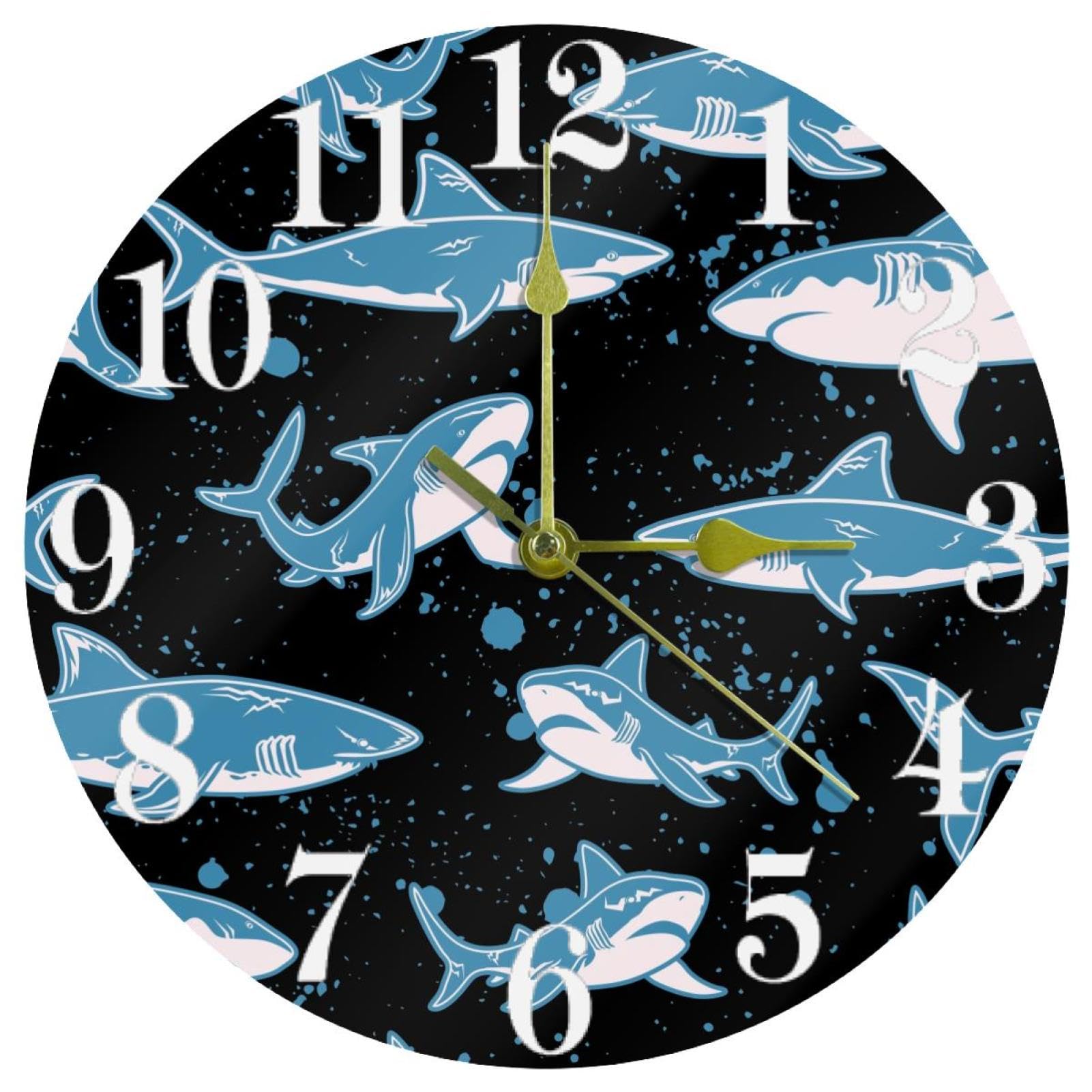 Horloge murale silencieuse sans tic-tac bleue à quartz - Mécanisme à pile motif requin