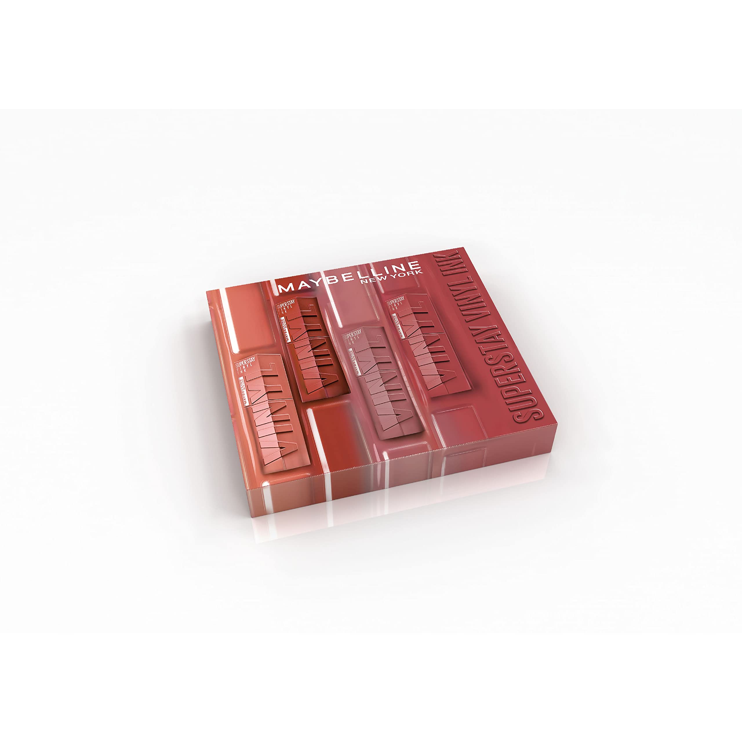 Maybelline New York Juego de lápiz labial líquido Maybelline New-York Efecto vinilo brillante Tinta de vinilo SuperStay de larga duración Juego de 4 tonos Nude Shock
