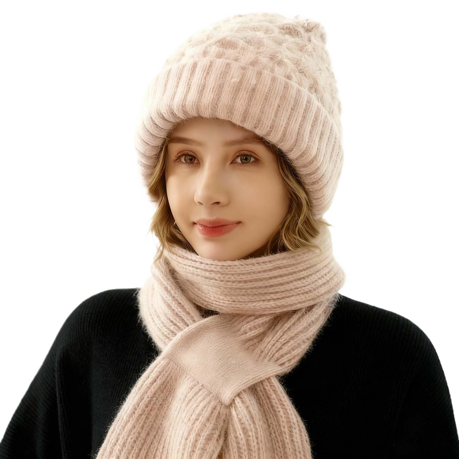 Women's Winter Warm Knit Hat Scarf Combo - Integrated Ear Protection Windproof Scarf, Cold Weather Gear for Outdoor Running, Matching Winter Scarfs for Women & Matching with Ear Flaps (off-whitr)