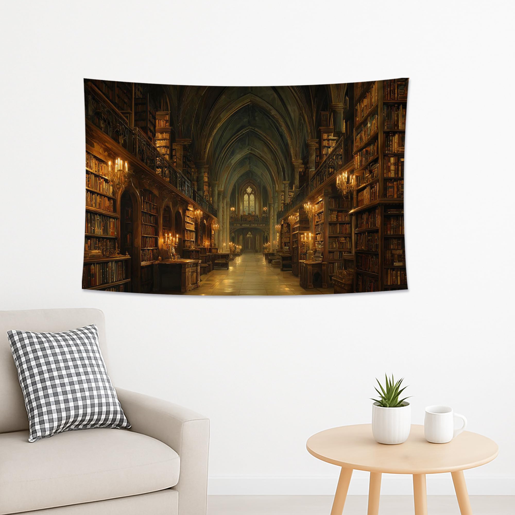 Mystical Library Gothic Tapestry, Warm Dark Aesthetic Decorative Room Wall Hanging, Cozy Medieval Style for Bedroom, Living Room, Dorm 70x90 Inch