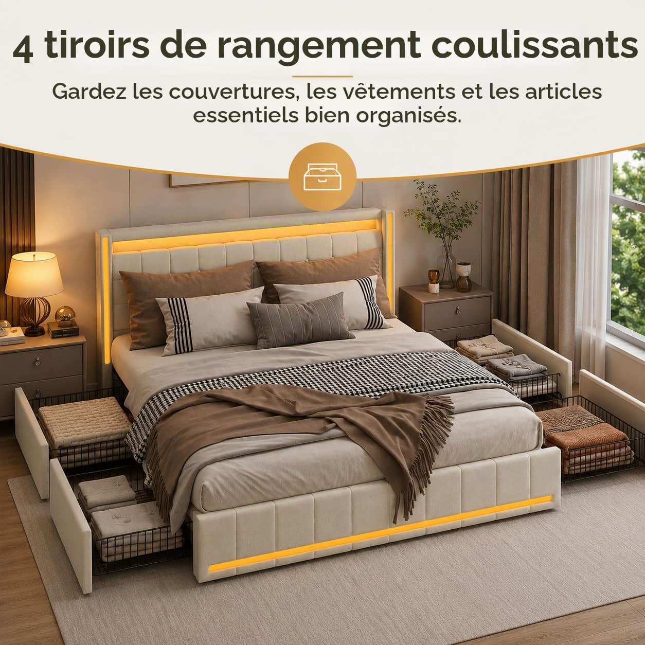 Lit Double 140x200cm avec LED et USB, Lit Rembourré avec 4 Tiroirs de Rangement, Cadre de Lit Moderne 2 Places pour Chambre Adulte et Adolescent,Beige Lin