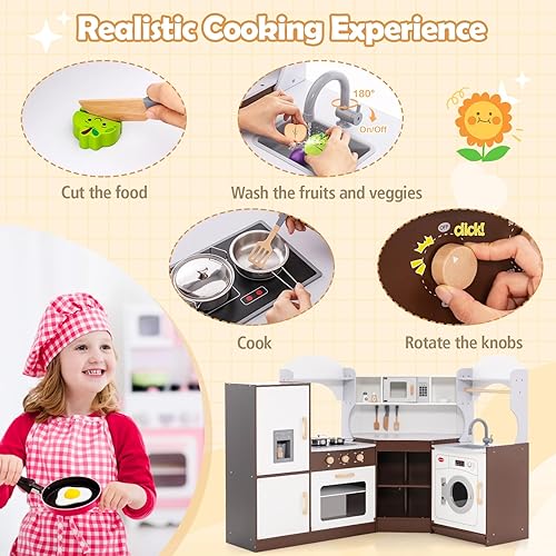 Miniatura 3 de Costzon Juego de cocina de esquina para niños, cocina de madera con lavadora, campana extractora, máquina de hielo, microondas, horno, fregadero,