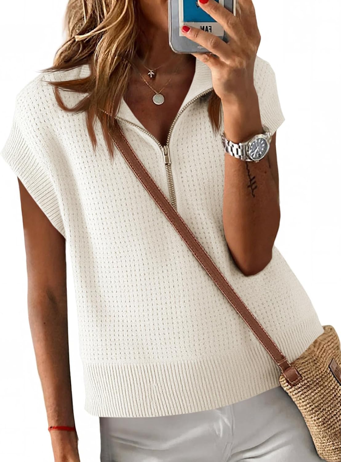 Langwyqu Womens Short Sleeve Cropped Knit Tops Half Zip Cap Sleeve Lightweight Oversized Sweater Vest