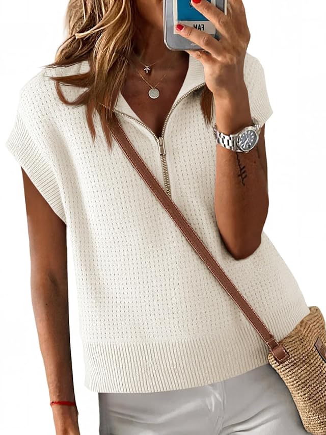 Langwyqu Womens Short Sleeve Cropped Knit Tops Half Zip Cap Sleeve Lightweight Oversized Sweater Vest