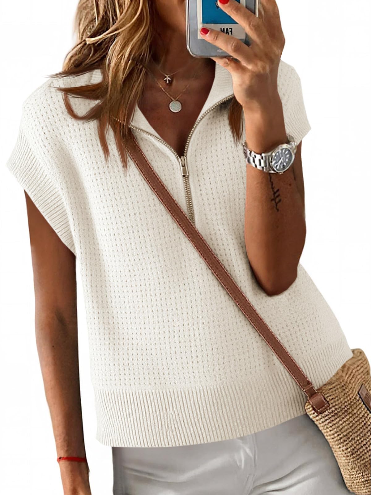 Langwyqu Womens Short Sleeve Cropped Knit Tops Half Zip Cap Sleeve Lightweight Oversized Sweater Vest