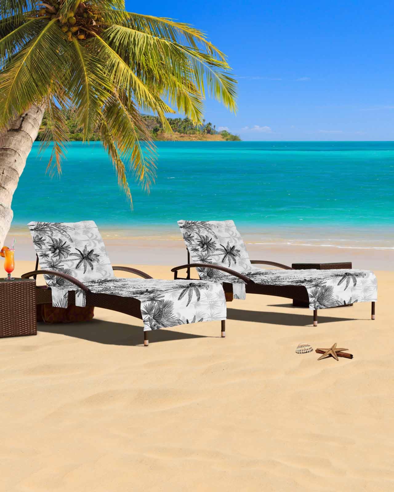 Black Palm Tree Beach Chair Cover with Side Pockets, Microfiber & Quick Dry Pool Chaise Lounge Chair Towels Covers for Sun Sunbathing Patio Garden Hotel, Tropical Summer Banana Leaf Forest Beach