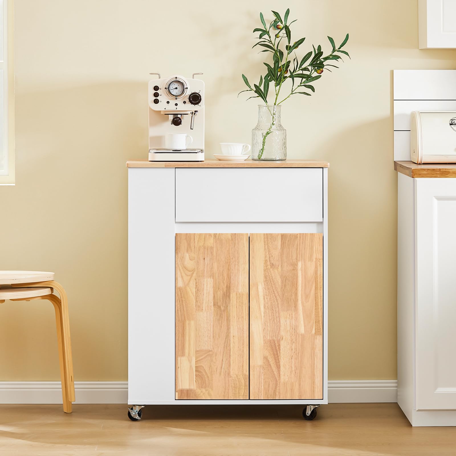 SoBuy Carrito de Cocina con Ruedas, 3 Estantes con Barras, 70×90×40cm | Isla de Cocina con Cajón, Armario & Estantes Ajustables, carga 68 kg, MDF/madera de caucho, para cocina & comedor, FKW132-WN