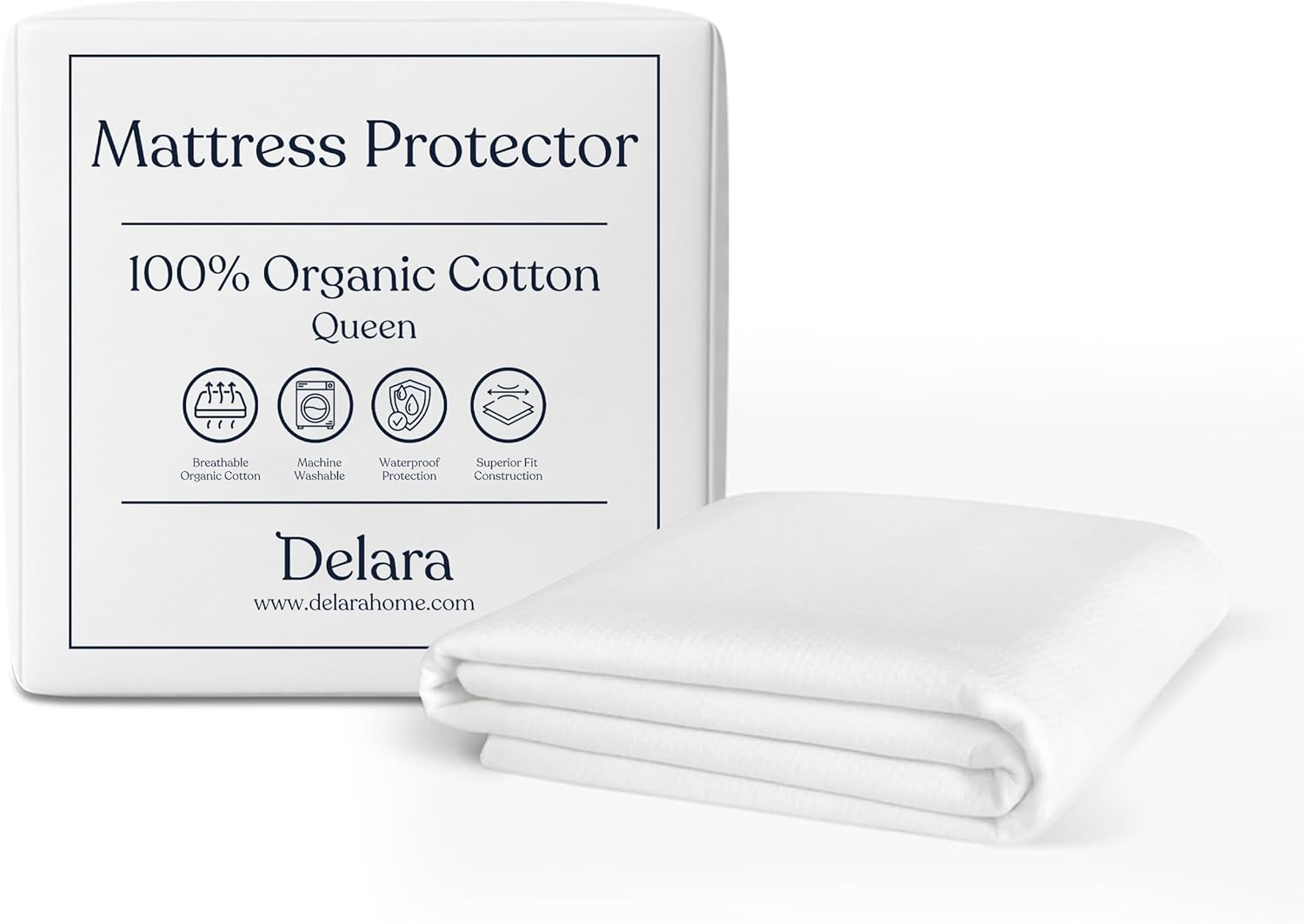 Delara Organic Waterproof Mattress Protector for Queen Size Bed, Soft & Cooling, GOTS Certified Organic Cotton, Noiseless & Breathable, Machine Washable, Fitted Mattress Cover, 19 Inch Deep Pocket