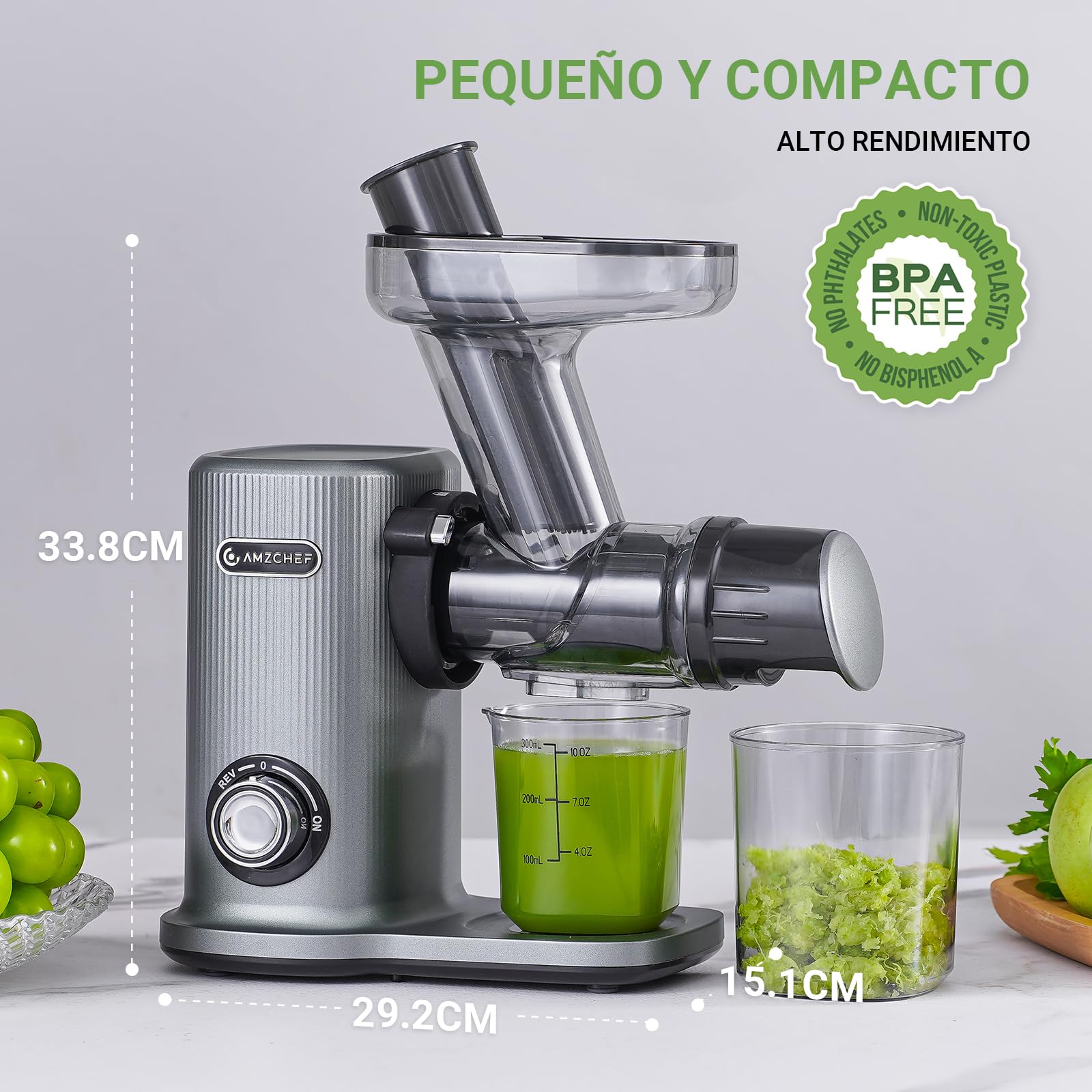 AMZCHEF Juicer Compacto Con Dos Modos De Alimentación Para Uun Uso Fácil - Extractor De Zumos Y Verduras De Alta Tecnología Con Masticación Inversa Y Un Rendimiento De Zumo Ultra Alto - Gris