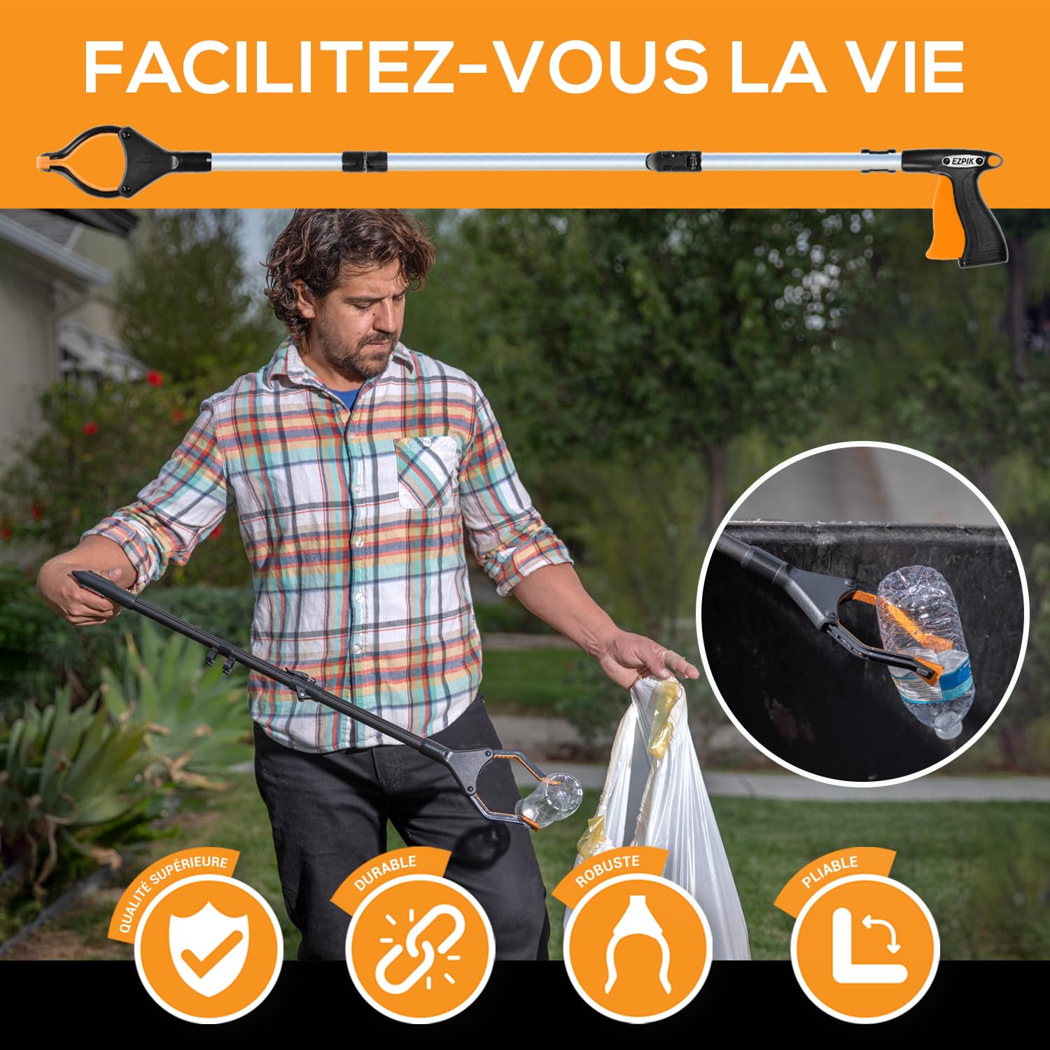 EZPIK® Pince Ramasse Dechets de 100 cm pour Personnes Agées et Handicapés + Aimants - Pince Telescopique Rotative et Pliante pour Attraper Les Objets (Noir)