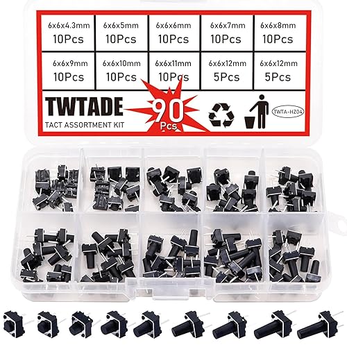TWTADE 90 piezas de interruptor táctil de 2 pines micro momentáneos, kit surtido de 6 x 6 x 4.35678910110.472in (cada valor 10 piezas) QC-9V-2P