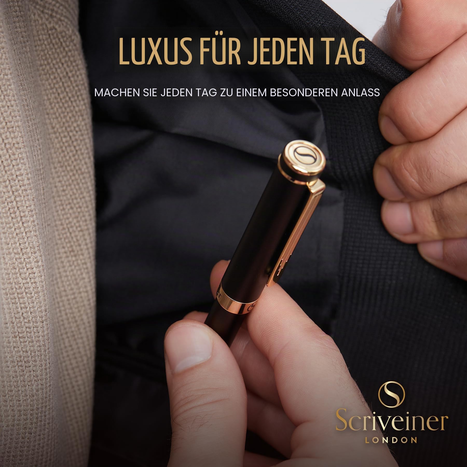 Scriveiner Schwarzer Kugelschreiber EDC Luxus Stift, toller Taschenfüller mit Echtvergoldung, Cooler Schreibstift, Geschenk für Mann Frau, Deutsche Schmidt Mine, Ausgefallenes Büro Designer Schreibset