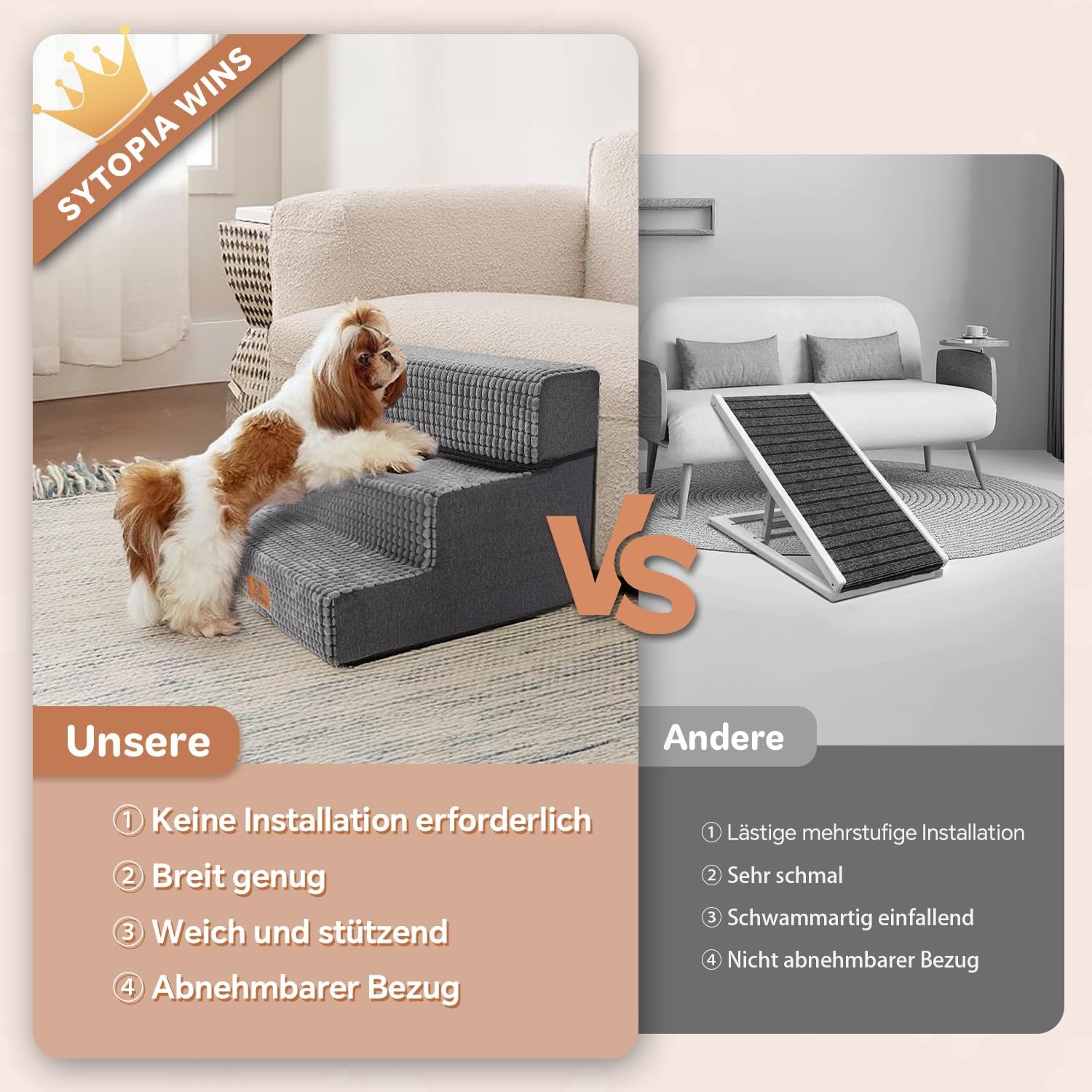 Sytopia Hundetreppe 3 Stufen, 34 cm hoch, Katzentreppe für Bett und Sofa, bis 30 kg, Haustiertreppe für kleine Hunde und Katzen, 30D Schaumstoff, rutschfest, waschbarer Cordbezug, Grau