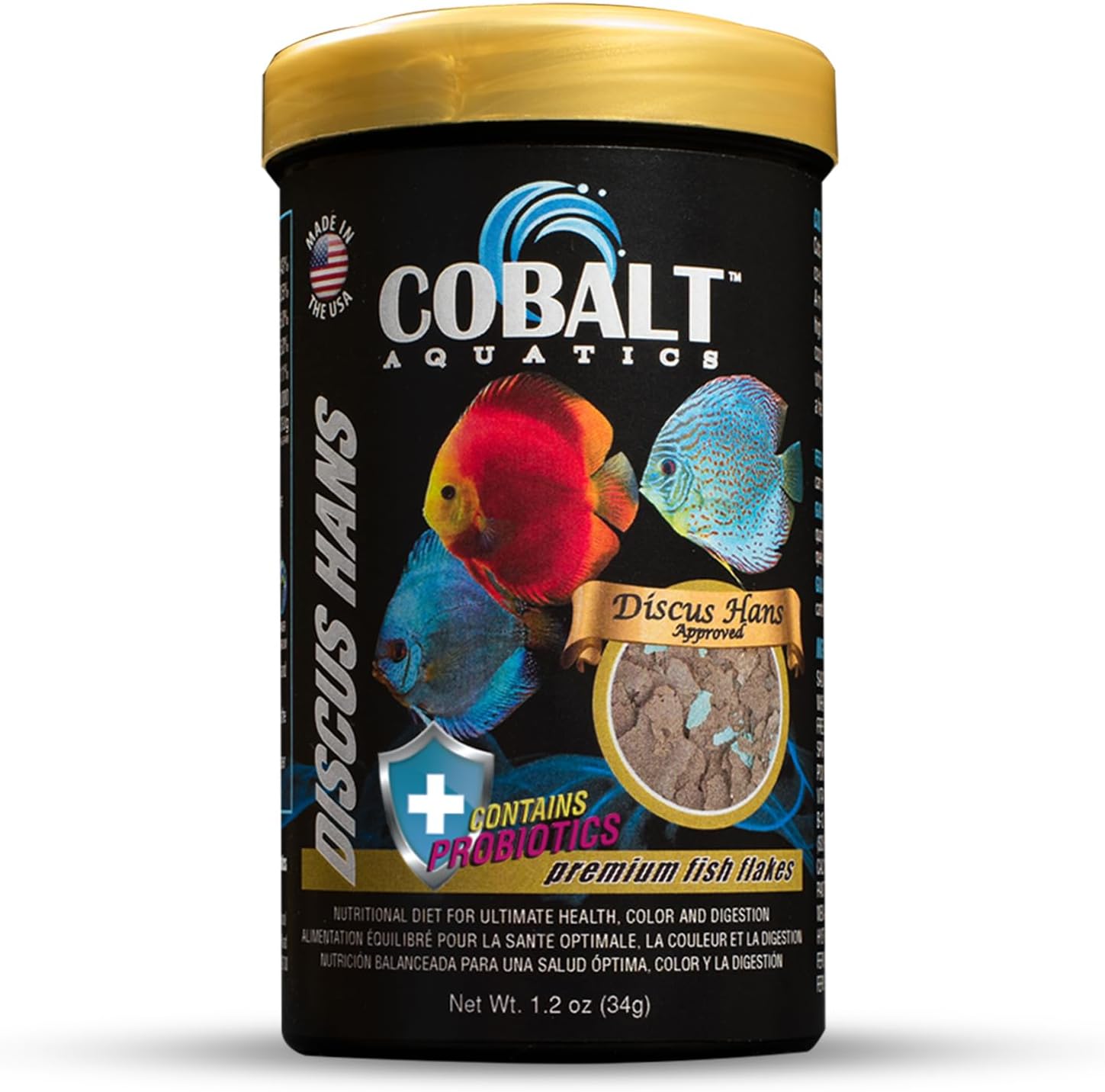 Cobalt Aquatics Discus Hans Flake 1.2oz - Advanced Nutrition for Vibrant Discus - Salmon Meal, Probiotics & Blue Flakes - Supports Health & Immunity