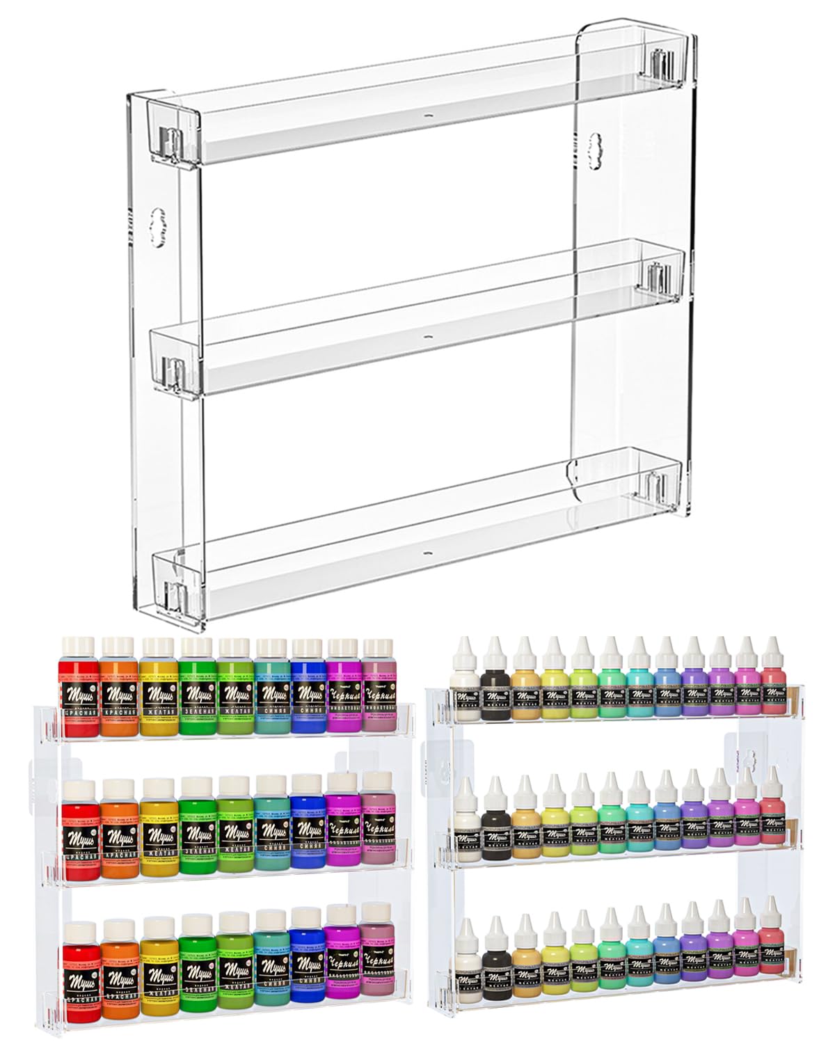 Cocheetah 2Pack 3 Tier Display Rack, Clear Paint Rack Wall-Mount (No Drill), Acrylic Craft Paint Storage Organizer, Miniature Holder for 2oz Bottle, Nail Polish Organizer, Badges, Mini Figures (2)