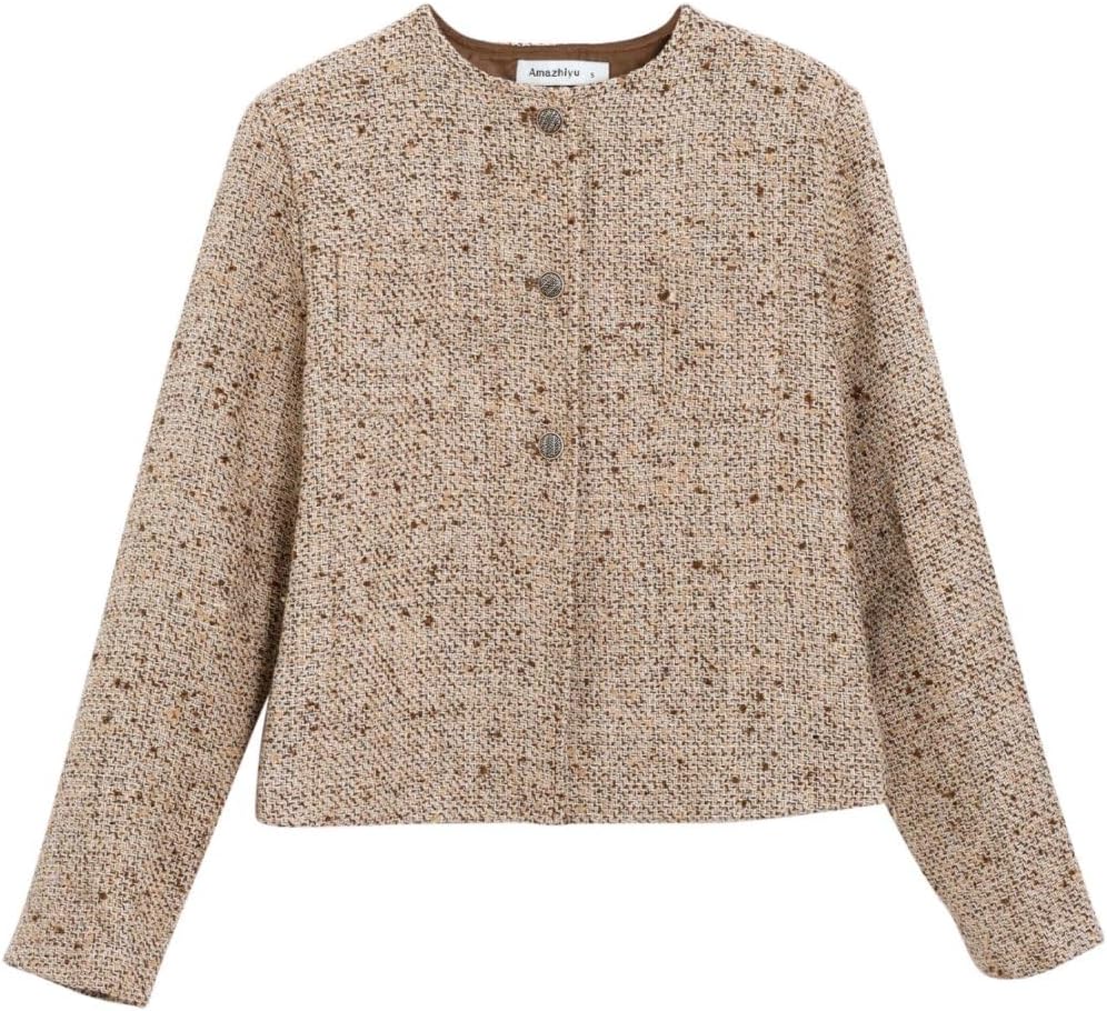 Amazhiyu Women's Wool Cropped Tweed Jacket Blazer Button-up Slim Fit with Pockets - Image 4