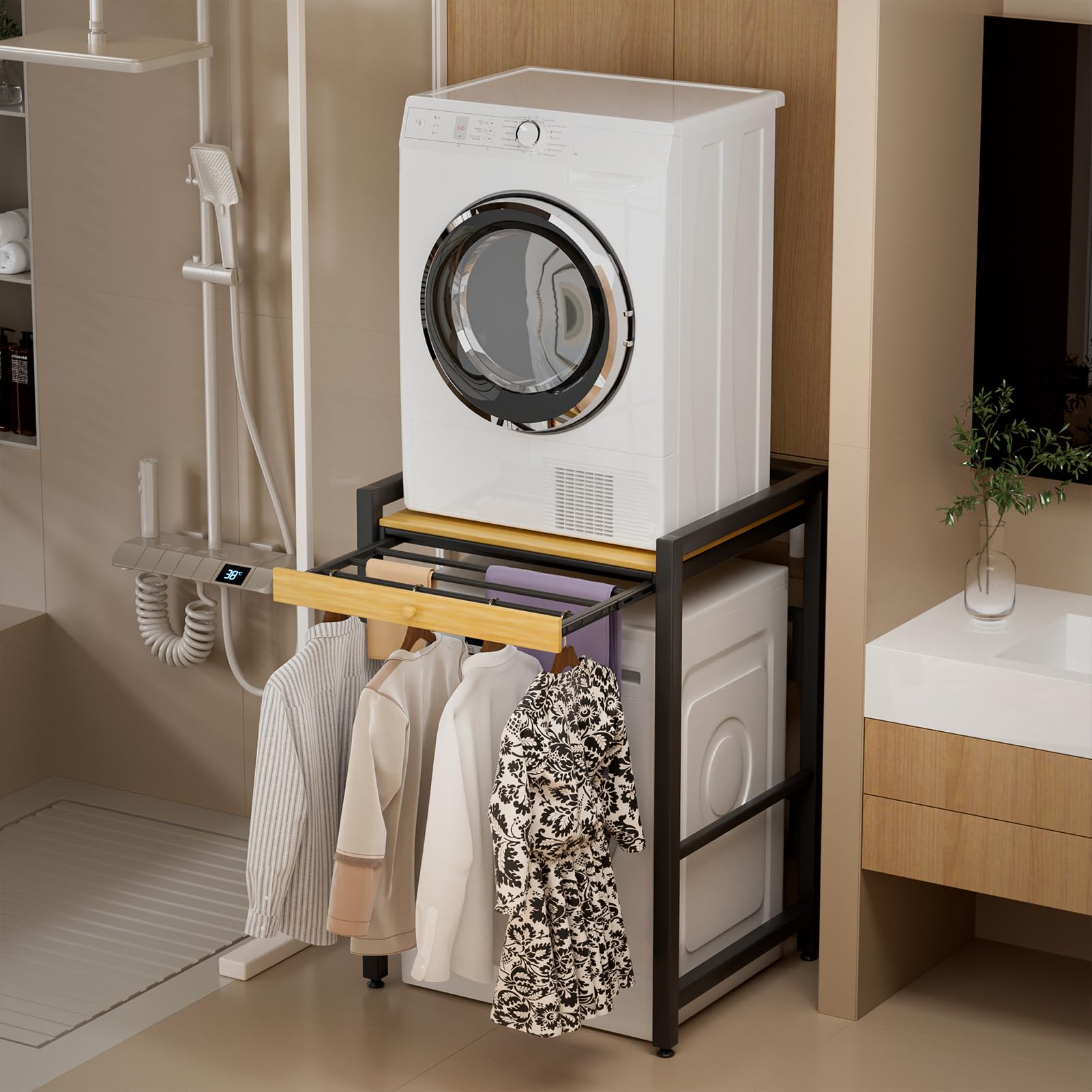 Fiakoais White Washer Dryer Stand Stacking Kit, Tumble Dryer Stacking Kit Sliding Shelf Countertop, Space Saving Laundry Storage Unit, Freestanding Washer Dryer Shelf, 200Kg Load Capacity