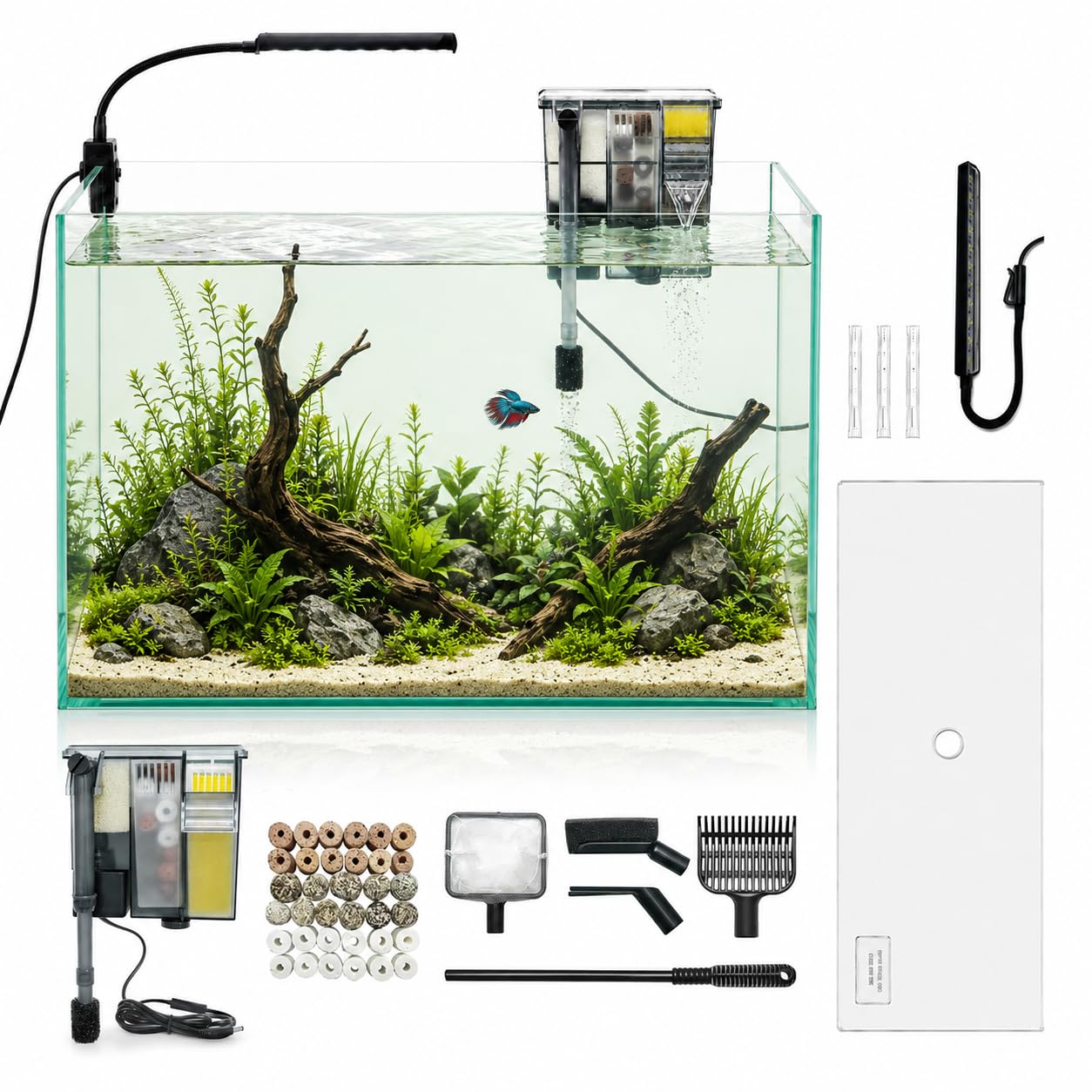 Acuario de vidrio de 10 galones transparente sin borde con filtro autolimpiable y luz