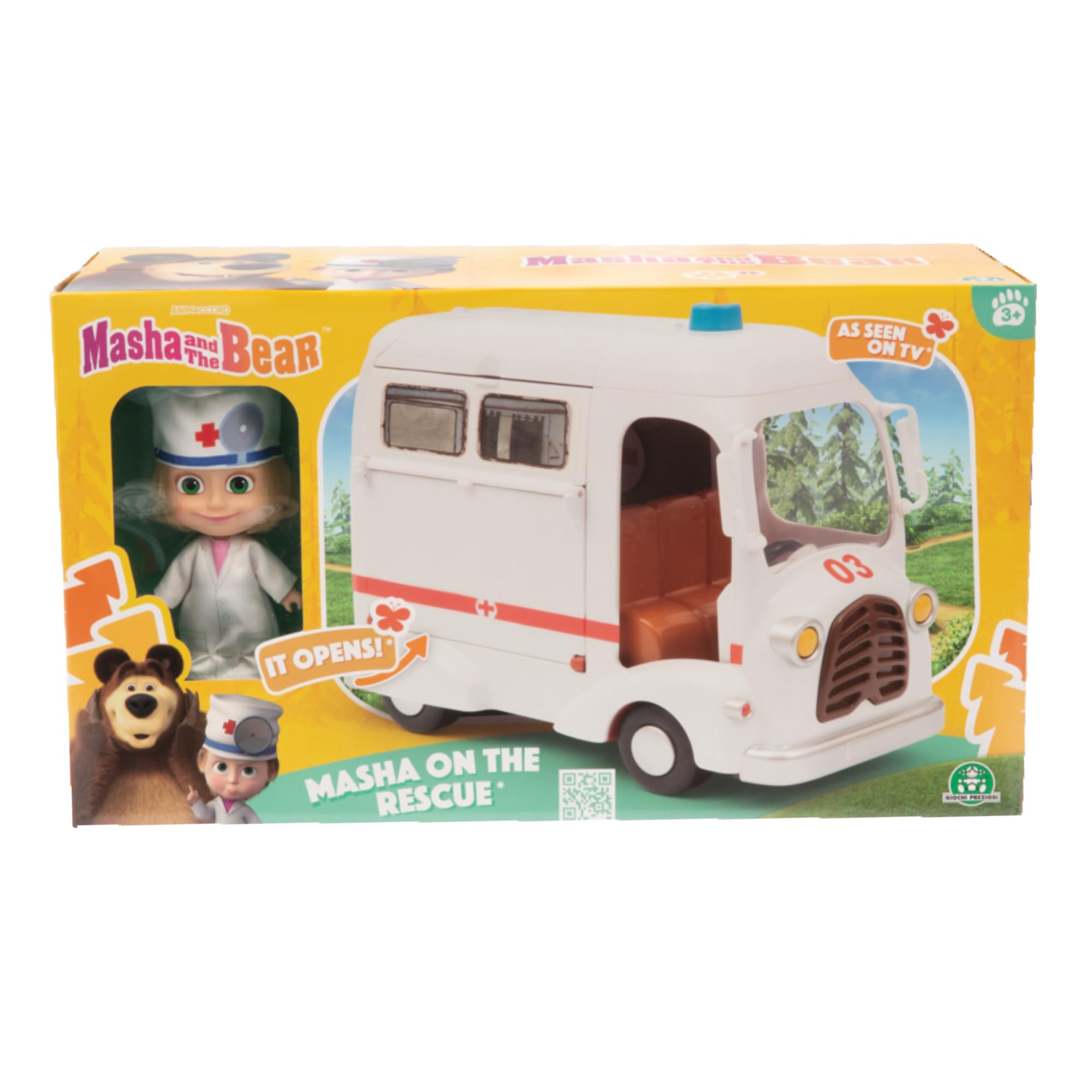 MASHA & THE BEAR - Ambulanza Di Masha E Orso, Veicolo Con Vano Apribile E Bambola Masha Dottoressa Da 12 Cm Inclusa, Ricca Di Accessori, Per Bambini e Bambine dai 3 anni