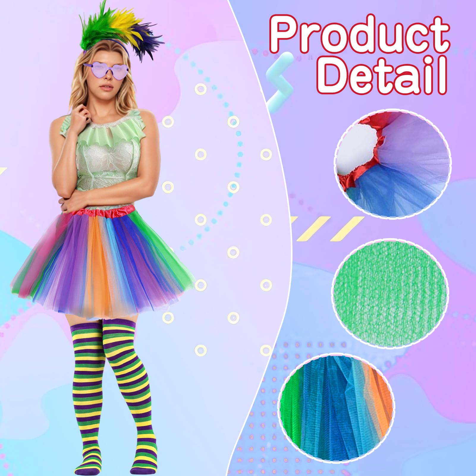 HarnyLoom 80s Fancy Dress for Women Girls Rainbow Costume Neon Tutu Skirt Headband Leg Warmers Gloves Sunglasses Carnival Dress Up Outfits for Carnival Mardi Gras 1980s Party(Rainbow 2) - Image 3