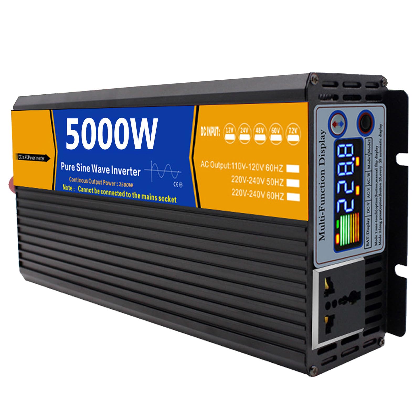 Inverter da 5000W, Ingresso CC 12V/24V/48V/60V/72V, Uscita CA 110V/230V , Inverter a Onda Sinusoidale Pura per Camion, Casa, Veicoli, Convertitore Inverter Solare a Bassa Frequenza(Size:72v to 110v)