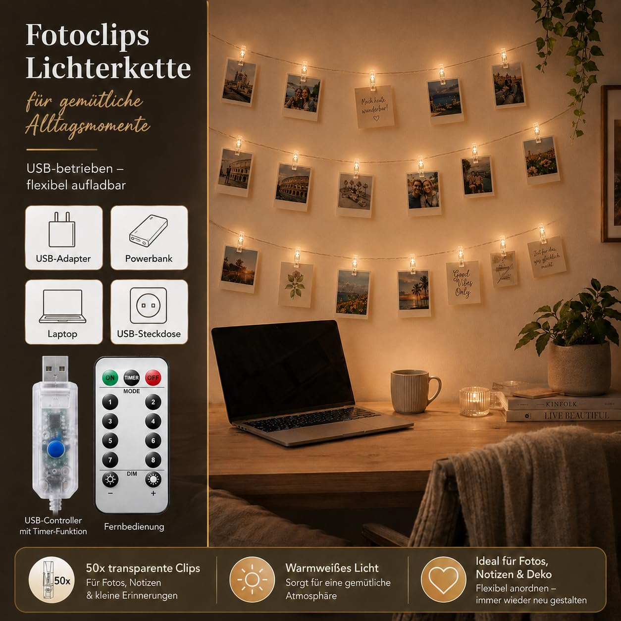 Microwear Guirlande Photo,10M100LED 8Modes,Alimenté par USB ou Batterie,avec Télécommande,Lumineuse LED d'intérieur pour Chambre Photo Suspendre des Photos,Décoration de Chambre (50Clips 25Clous)