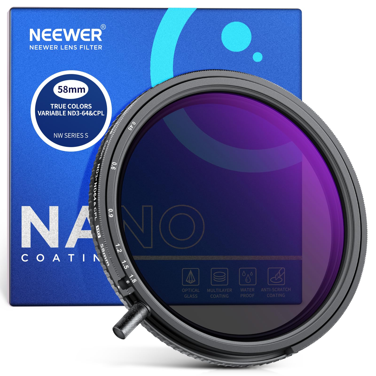 NEEWER Filtro ND y CPL Variable de 58 mm con Putter, ND3-64 (1.5-6 Paradas), 2 en 1 de Densidad Neutra Limitada Ajustable y Filtro CPL, Vidrio óptico HD Multicapa, Marco de Aluminio, Resistente a los