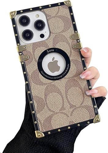 DVTEL Funda cuadrada de diseño de lujo para iPhone 14 Pro Max para mujeres y hombres, con logotipo de piel, a prueba de golpes, funda protectora