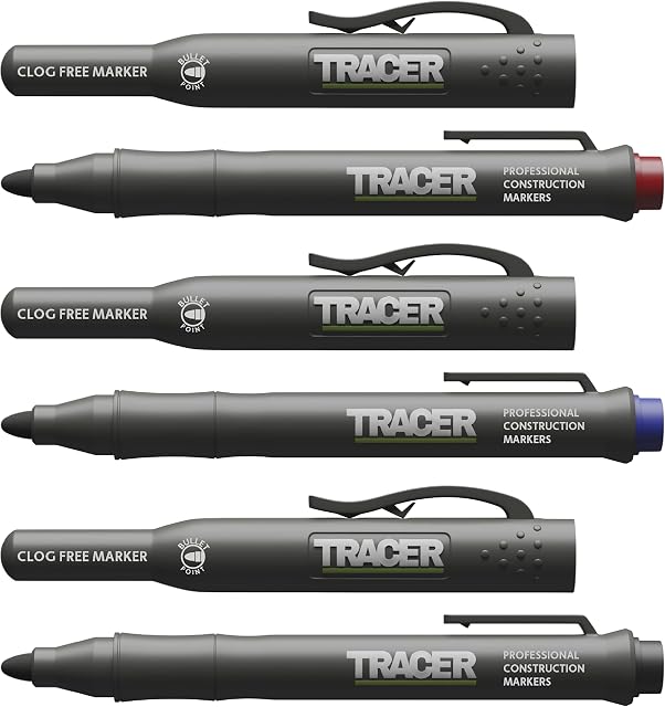 TRACER Clog-Free Construction Marker Kit with TRACER Site Holster (All-Purpose Markers perfect for shiny and dusty surfaces.) - Black, Blue, and Red