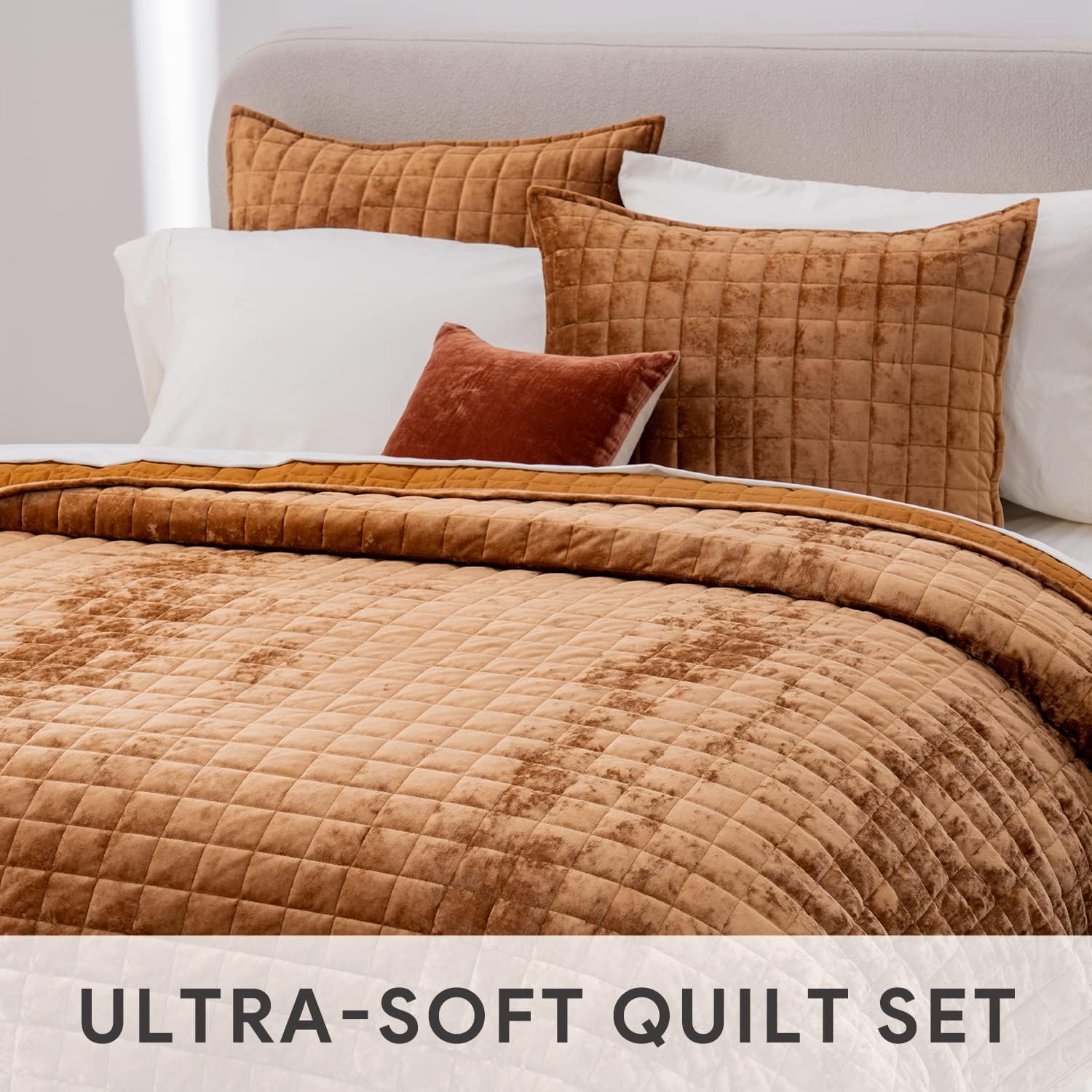 RECYCO Luxury Velvet Quilt Set King Size Bedding Sets, Ultra Soft Velvet Comforter Set, Lightweight Oversized Bedspread Quilted Coverlet for All Season, with 2 Pillow Shams, Rusty Burnt Orange - Image 5