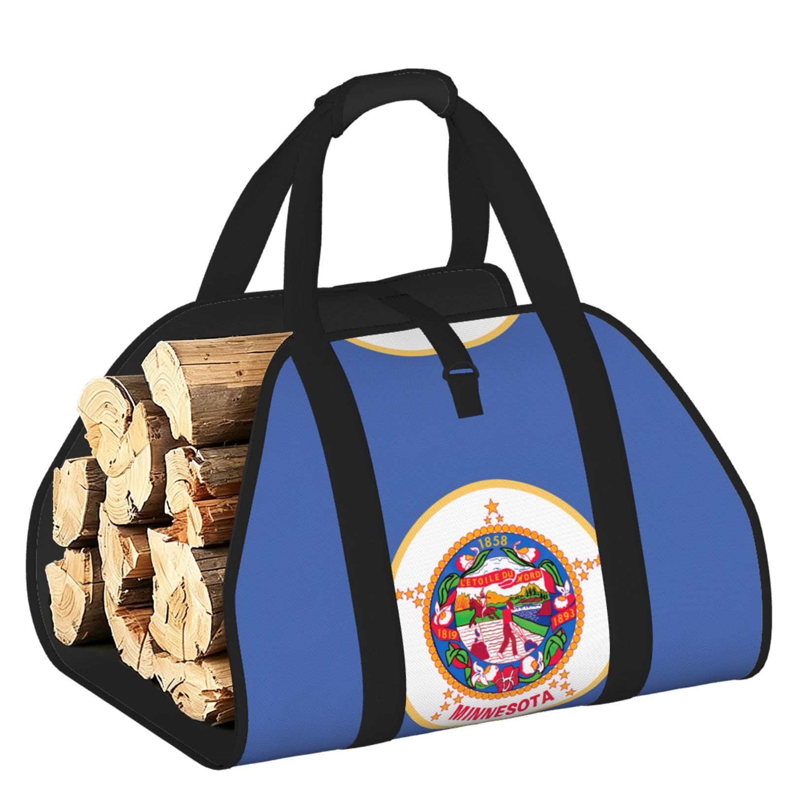 Minnesota State Flag Printed Firewood Log Carrier, Large Tote Bag with Reinforced Handles for Camping Fireplace Home