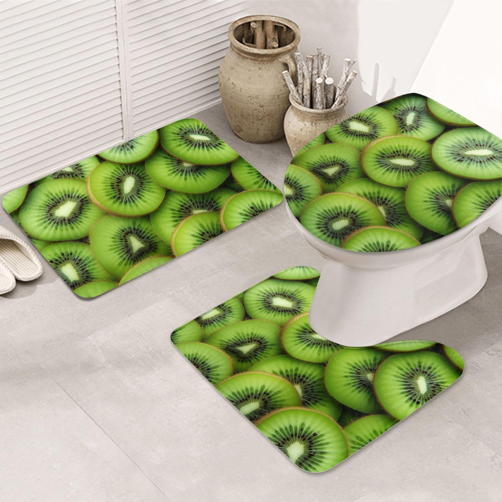 Tapis de bain antidérapants OUSIKA lot de 3 avec contour WC microfibre verte motif kiwi