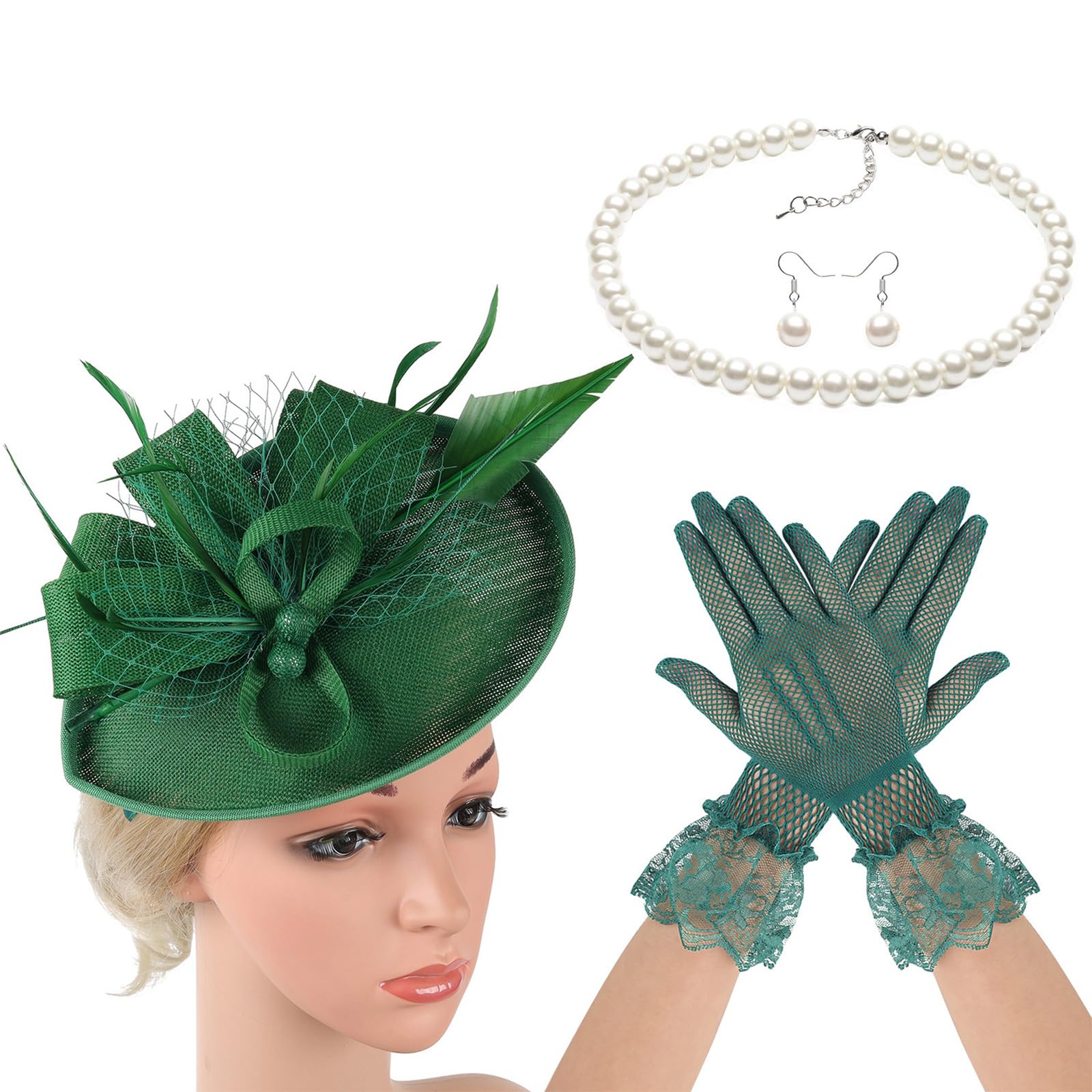 MICFENY French Feathered Bowknot Hat Necklace Earrings Gloves Set Costume Accessory For Formal Event Gathering Dressingup