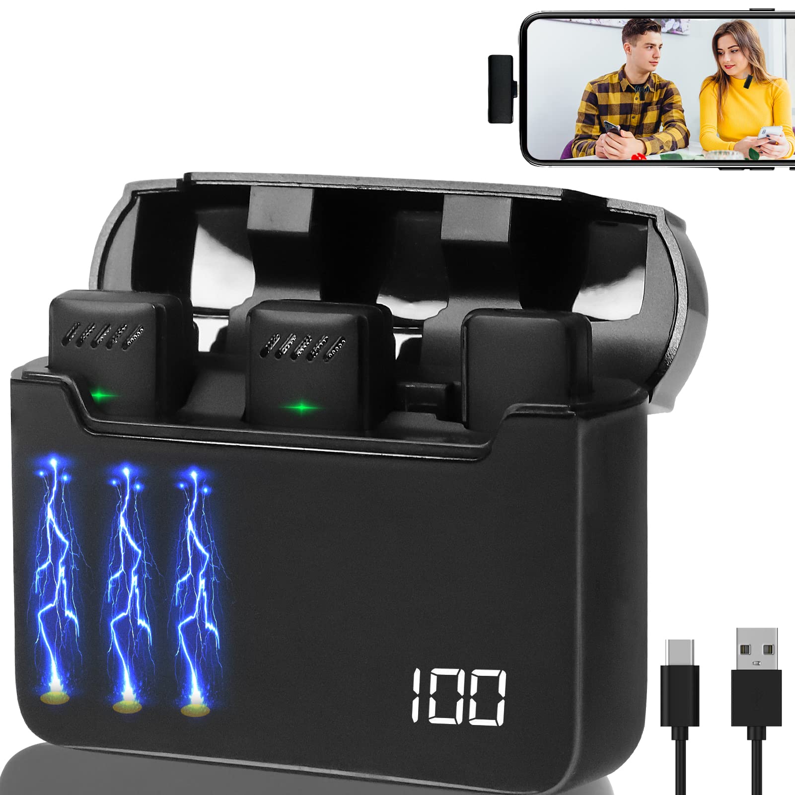 PEMOTech 2 Pack Wireless Lavalier Microphone for iPhone iPad with Charging Case, Plug-Play 6H Battery, Noise Cancellation, Wireless Lapel Mic for Video Recording Vlogging YouTube Interview