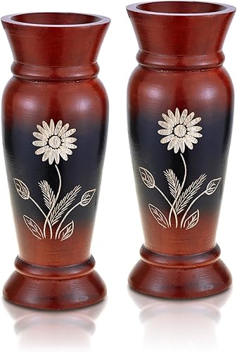 AeraVida Juego de jarrones de madera de mango de 8 pulgadas con flores rojas vintage (2 piezas) Jarrones de madera rústicos hechos a mano para mesa