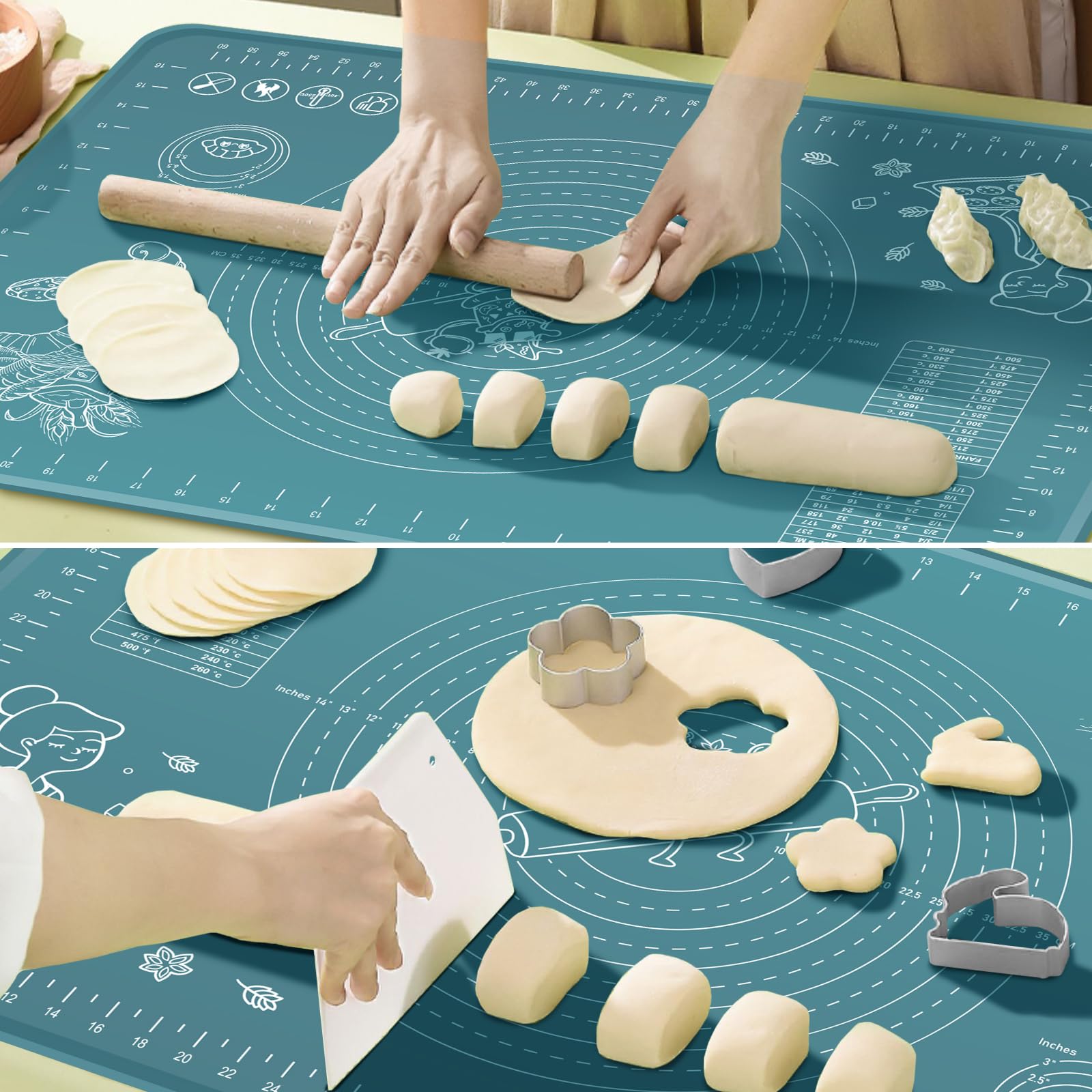 Tappetino da pasticceria in silicone, 80 x 60 cm, extra spesso, antiaderente, con misure e bordo rialzato, per pasticceria, pane, biscotti, pizza, fondente, pasta, indaco