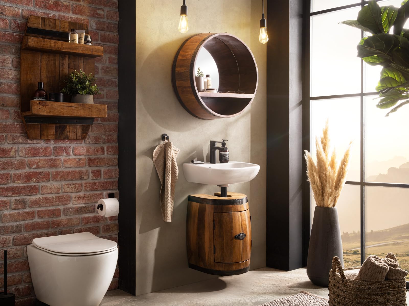 Woodkings Badmöbel Set Barrel aus Holz – 3-teiliges Badezimmermöbel Set im Fassdesign mit Spiegel und Wandregal