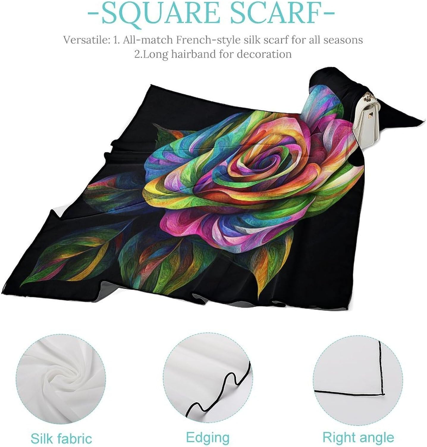 Rose Flower Bandana Fashion Head Scarf Square Silk Scarf Print Neck Hair Scarfs for Women Men Gifts