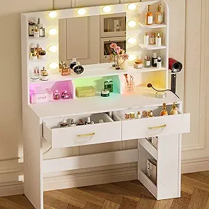COMHOMA Vanity Desk with Lighted Mirror and Power Outlet, RGB LED Lights Makeup Vanity Set for Girls, Large Storage Capacity Dressing Table for Bedroom, 3 Lighting Modes Adjustable Brightness, White
