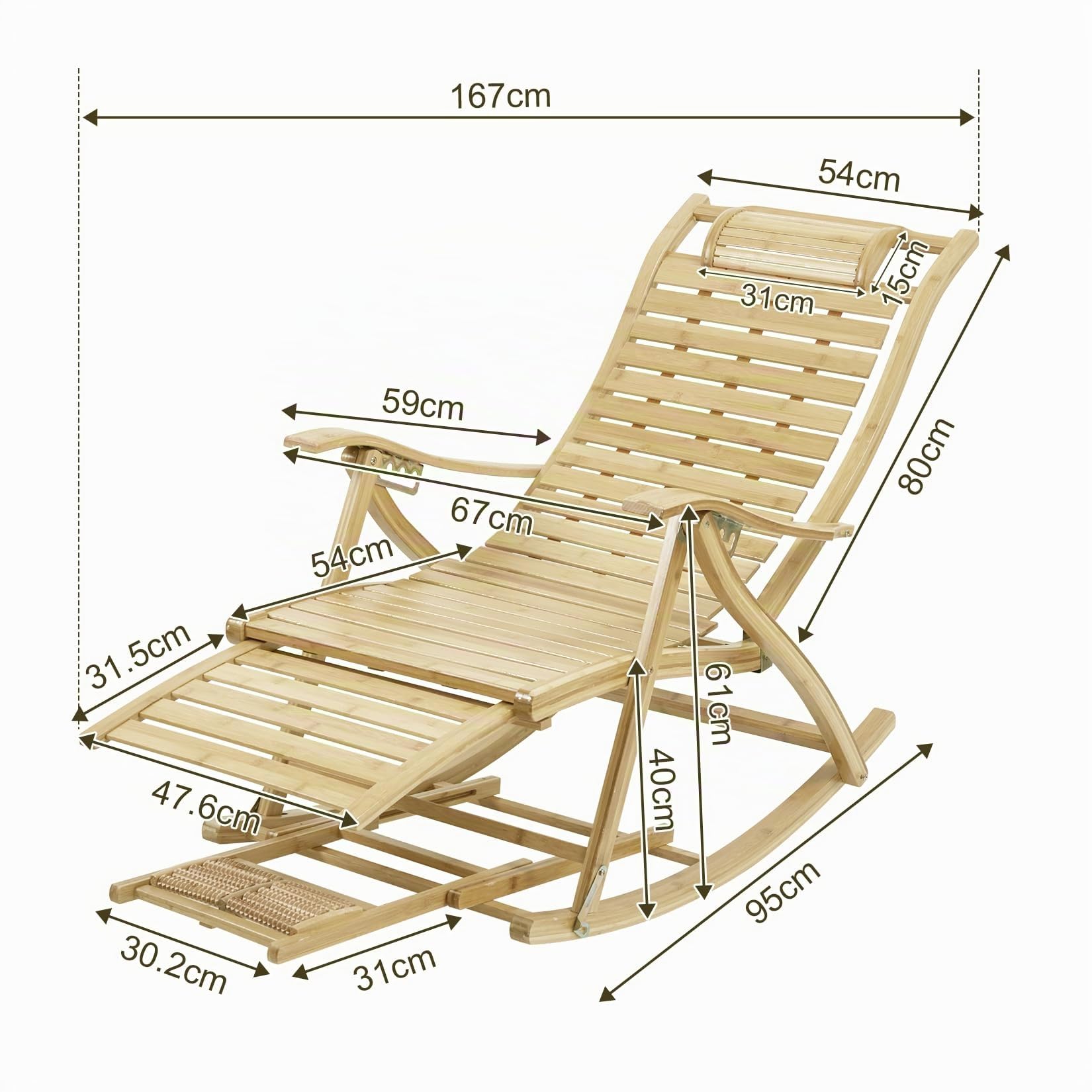 FATIVO Silla Mecedora de Jardín, Silla Tumbona Bambú Sillón Reclinable de Bambú Plegable con Reposapiés y Masaje de Pies 5 Posición Ajustable para Terraza Balcón Jardín Patio