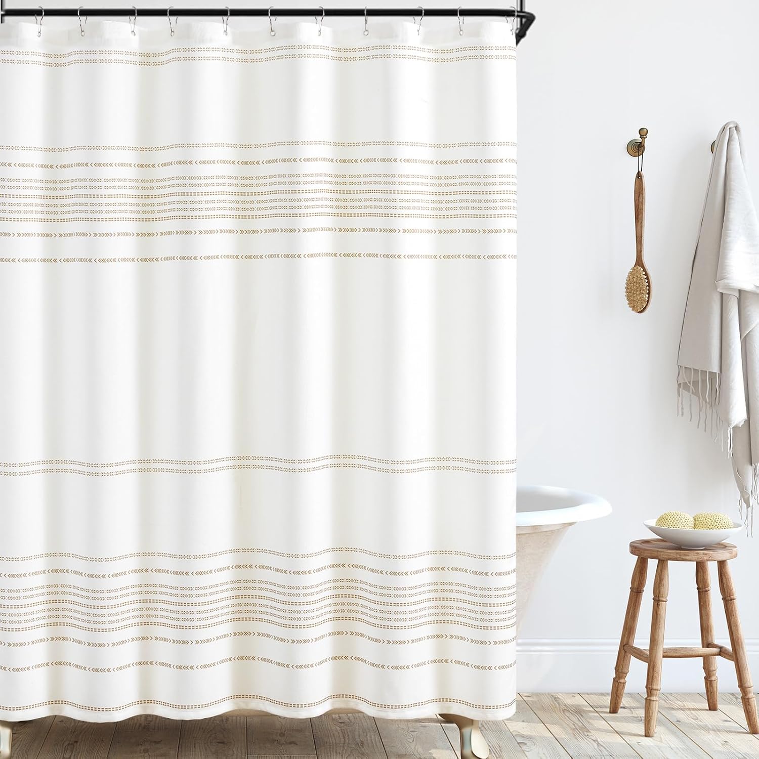 jinchan Taupe and White Boho Striped Shower Curtain Modern Waterproof Fabric Shower Curtains for Bathroom with 12 Hooks 70x72 inches