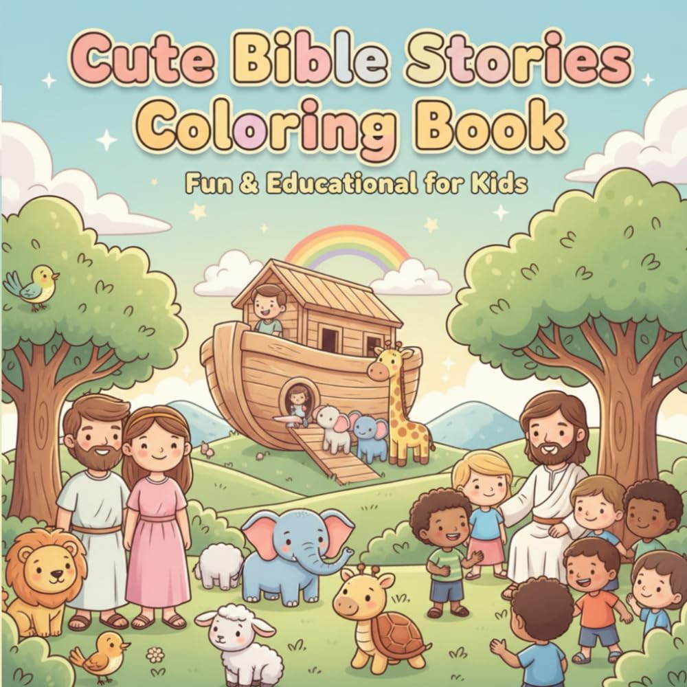 Cute Bible Stories Coloring Book: Fun & Educational Bible Adventures for Kids – 25 Whimsical Coloring Pages