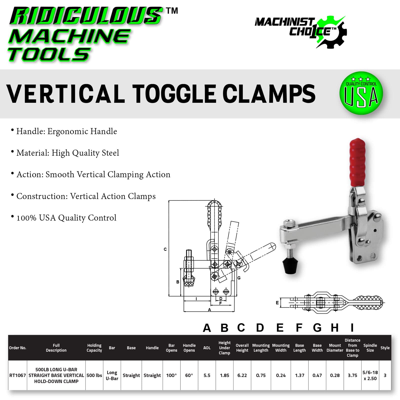 500LB LONG U-BAR STRAIGHT BASE VERTICAL HOLD-DOWN CLAMP(Same as 207-ULB)