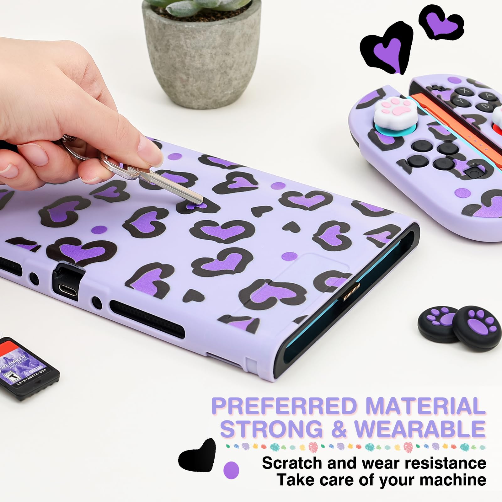 DLseego Carry Case for Switch 2,Heart Leopard Portable Storage Travel Game Carrying Case with NS 2 Dockable Protective Cover,4PCS Thumb Grip Cap and 1PC Plush Heart Charm,Purple — view 4