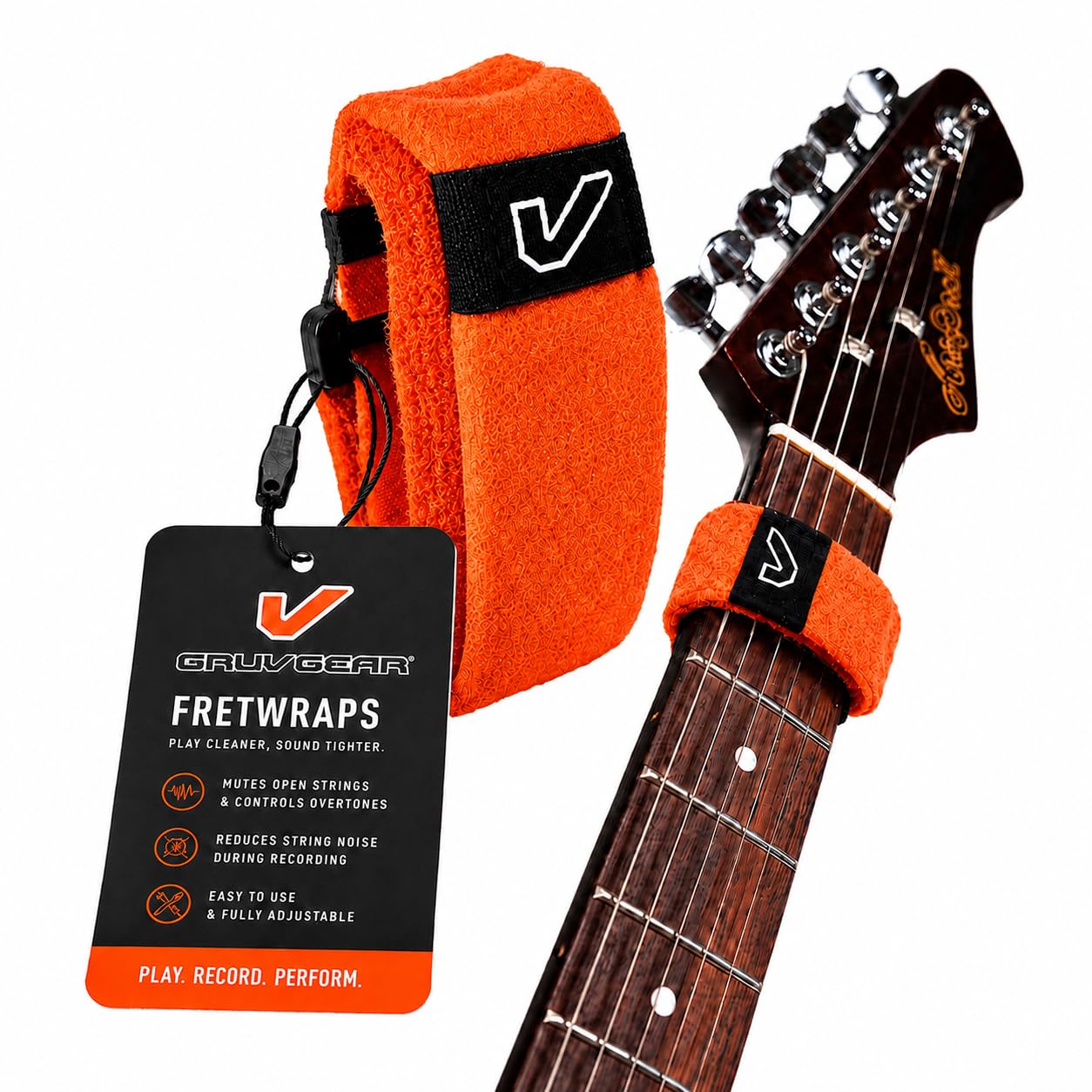 Gruv Gear Fret Wrap &amp; Guitar Mute, Fretwrap for Acoustic, Electric &amp; Bass | String Dampener Recording, Tapping &amp; Practice Accessory (1 Pack, Medium Orange, Fits 5 String Bass, 7 String Guitar)
