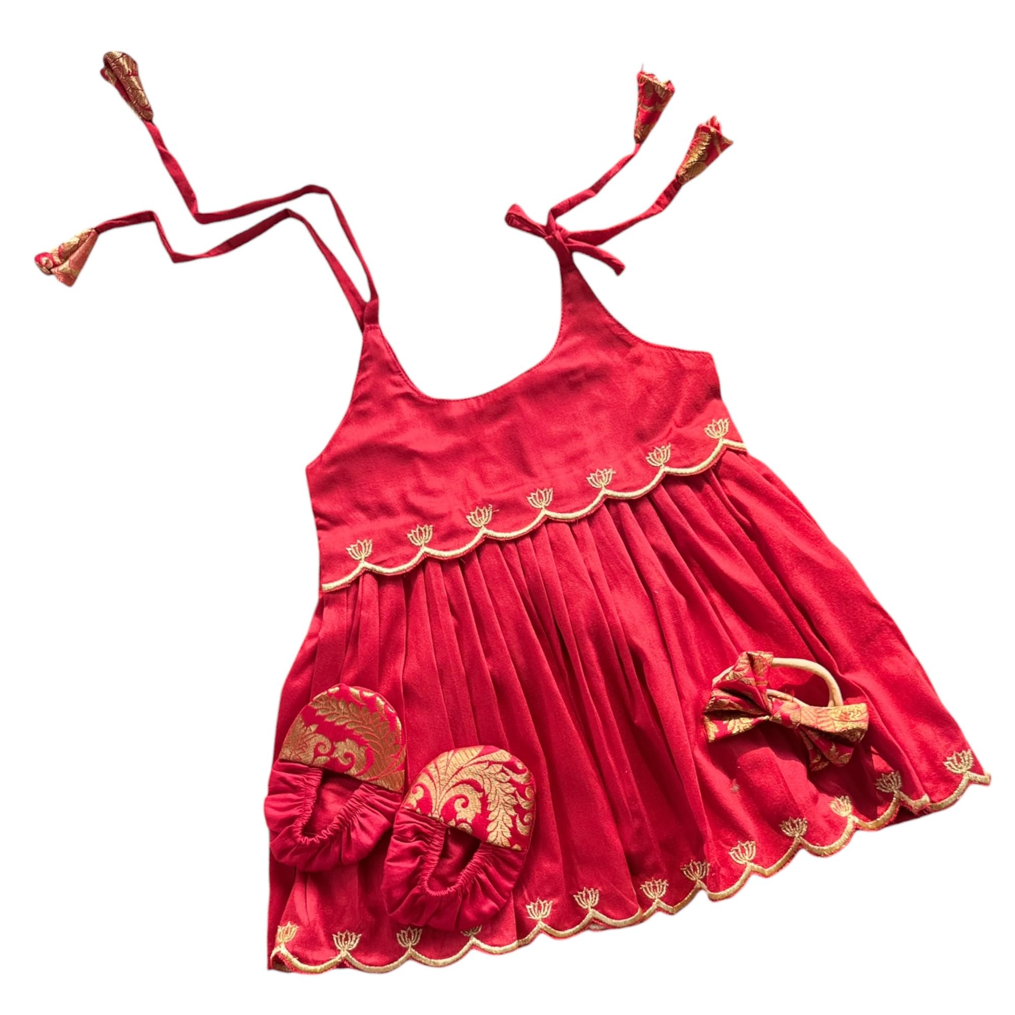 Cotton Silk Baby Girl Naming Ceremony Dress with Lotus Embroidery, Scalloped Hem, Silk Bow and Booties-image-33