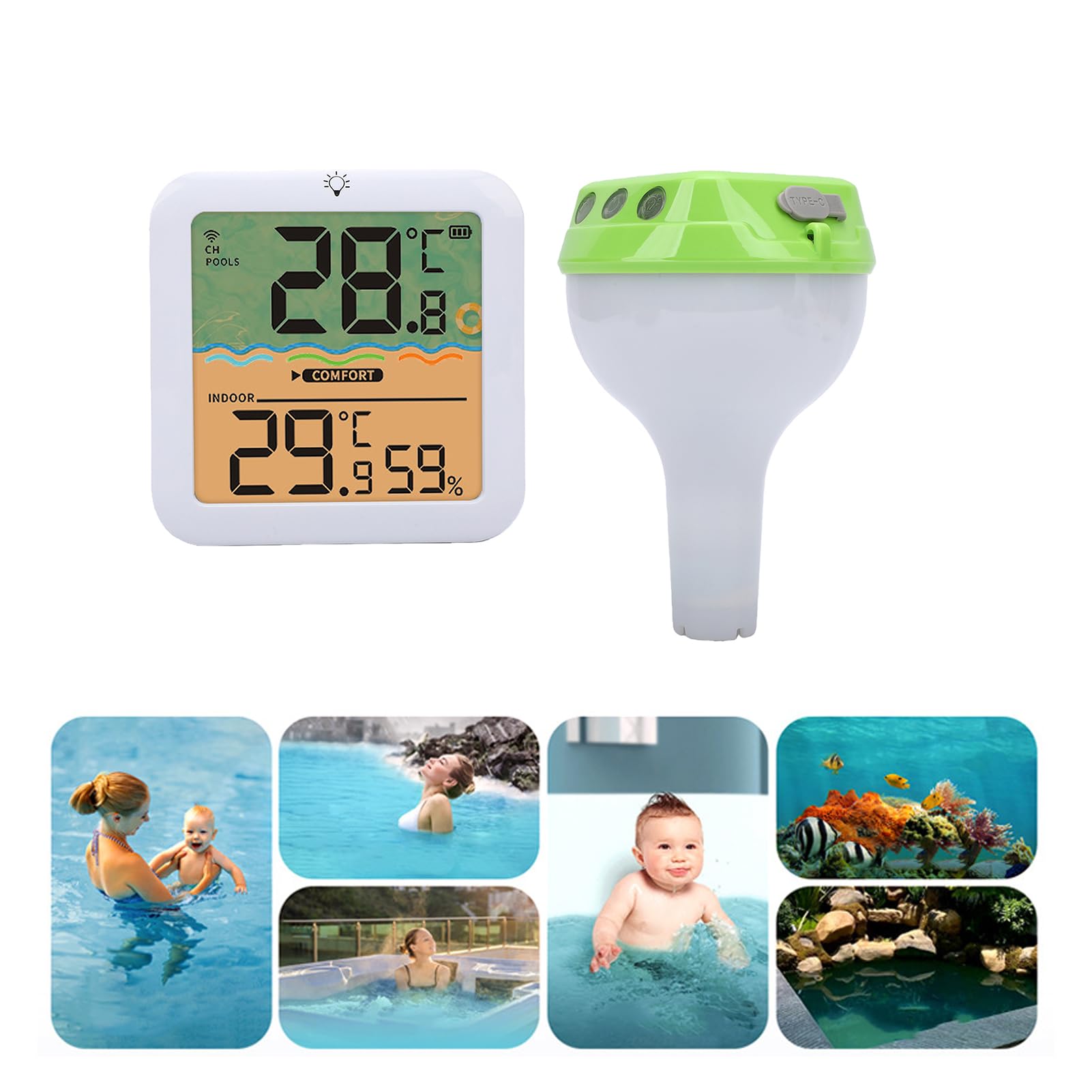 PUSOKEI Solares Digitales Poolthermometer mit Seil, Schwimmendes Kabelloses Poolthermometer mit RGB-Umgebungsbeleuchtung, Extra Großes Display mit Hintergrundbeleuchtung für Einfaches (GREEN)