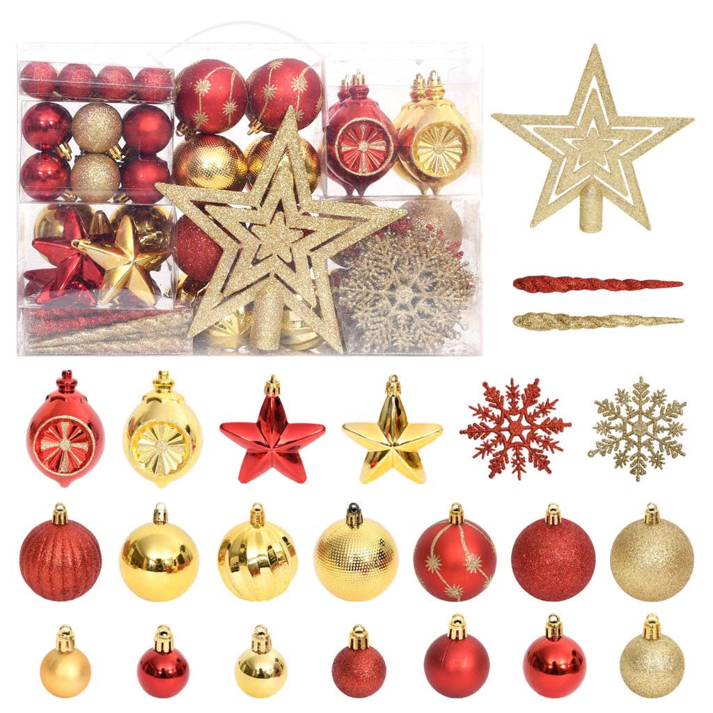 Juego de 108 bolas de Navidad doradas y rojas, plástico irrompible, con caja, diferentes tamaños y formas, joyas para Navidad, Adviento, punta de árbol, piñas, carámbanos, estrella colgante